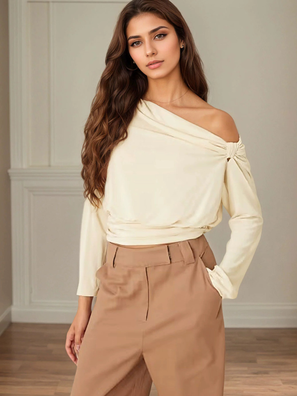 ZARA Spring Summer Long Sleeve Office Date Ruched Waist One Shoulder Crop Top